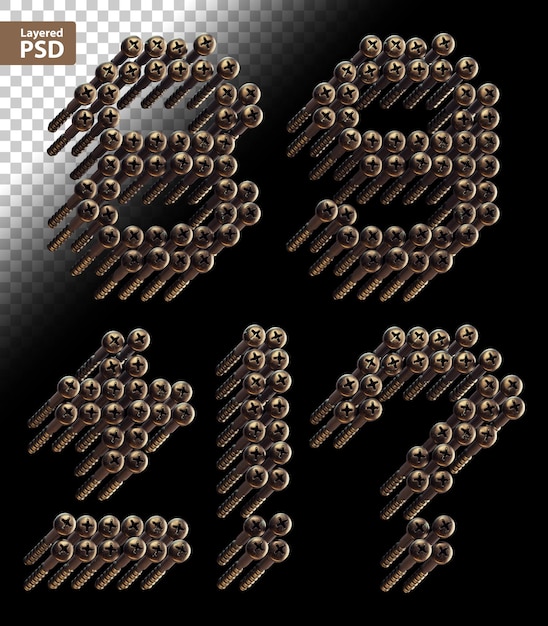 PSD gratuito conjunto de fuentes 3d renderizado hecho de muchos tornillos vintage de bronce