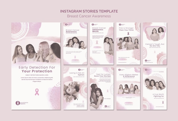 PSD gratuito conjunto de historias de ig del mes de concientización sobre el cáncer de mama