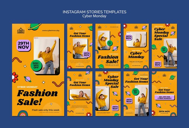 Conjunto de historias de redes sociales de cyber monday