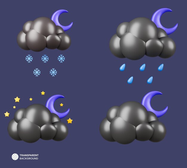 Conjunto de iconos 3d de nube oscura Ilustración de renderizado 3d