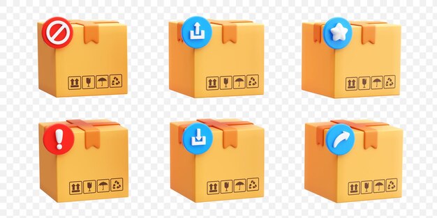 Conjunto de iconos de logística y embalaje Entrega Ilustración de fondo 3D del concepto de embalaje