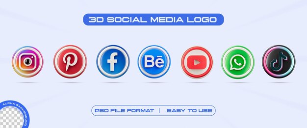 Conjunto de iconos de logotipos de redes sociales Ilustración de renderización 3D aislada