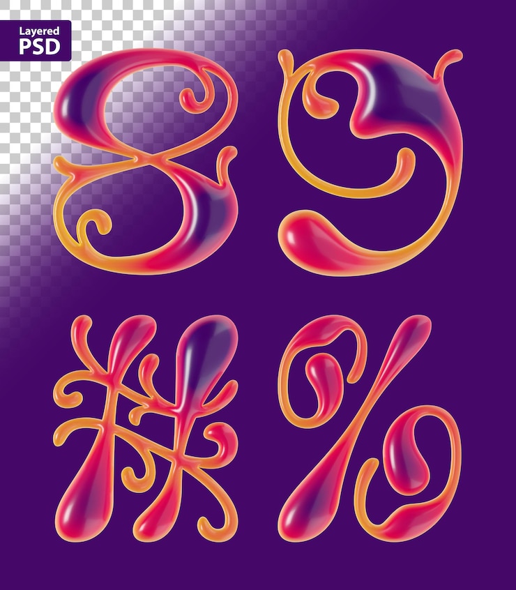 PSD gratuito conjunto de letras rizadas renderizadas en 3d con superficie lisa y brillante.