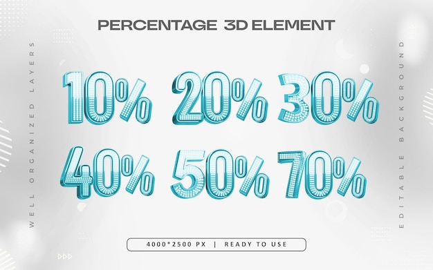 El conjunto de números de porcentaje de luz azul Ilustración de renderización 3D aislada