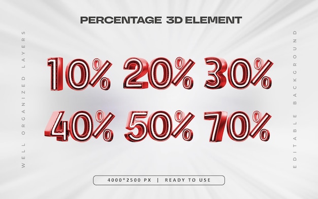 Conjunto de números en porcentaje rojo Ilustración de renderización 3D aislada