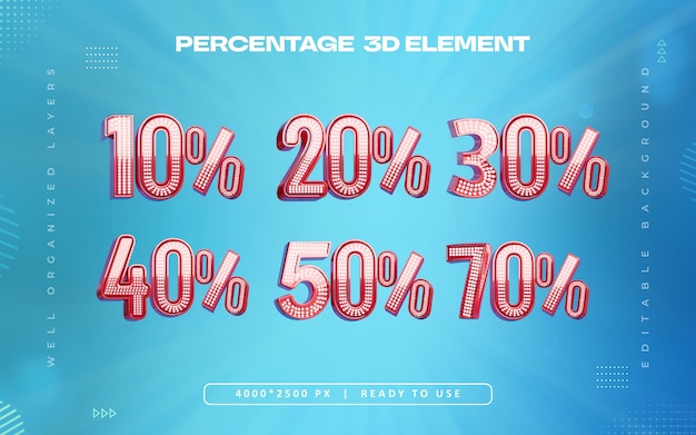 Conjunto de números en porcentaje rojo Ilustración de renderización 3D aislada