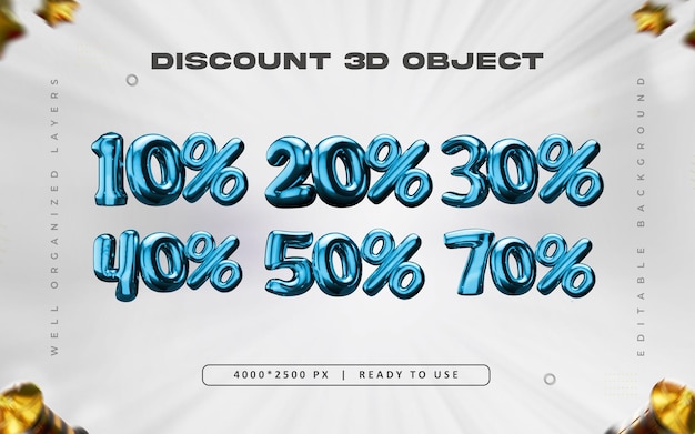 Conjunto de números porcentuales azules Ilustración de renderización 3D aislada