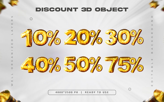 Conjunto de números porcentuales dorados Ilustración de renderización 3D aislada