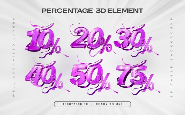 Conjunto de números porcentuales púrpuras Ilustración de renderización 3D aislada