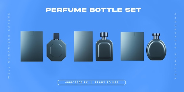 Conjunto de objetos de botella de spray de perfume aislados Ilustración de renderizado 3D