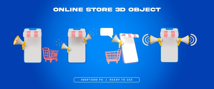 PSD gratuito el conjunto de objetos de la tienda en línea es una ilustración de renderización 3d aislada