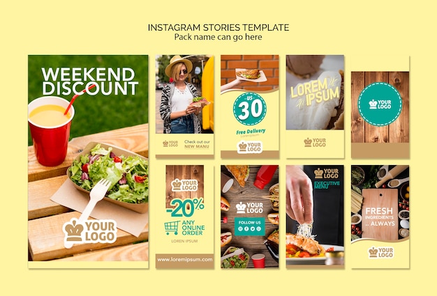 Conjunto de plantilla de historias de instagram con deliciosas ofertas de comida