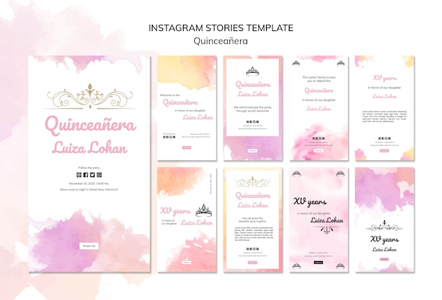 PSD gratuito conjunto de plantillas de historias de instagram de fiesta de quinceañera