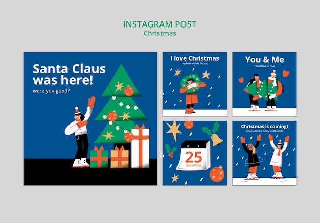 Conjunto de publicación de instagram de celebración de navidad dibujada a mano