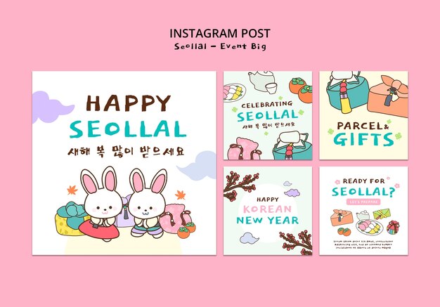 Conjunto de publicaciones de instagram de celebración de año nuevo coreano