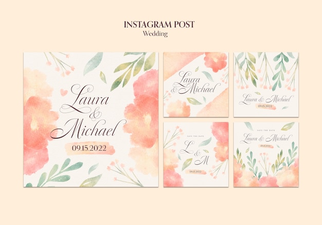 Conjunto de publicaciones de instagram de celebración de bodas en acuarela