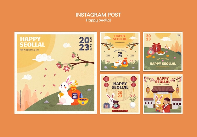 PSD gratuito conjunto de publicaciones de instagram de celebración seollal dibujadas a mano