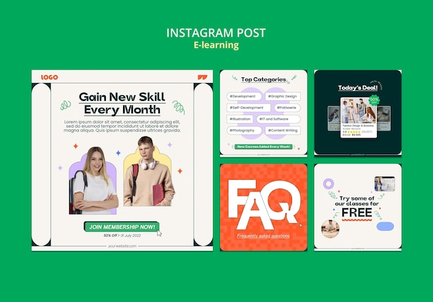 Conjunto de publicaciones de instagram de concepto de e-learning