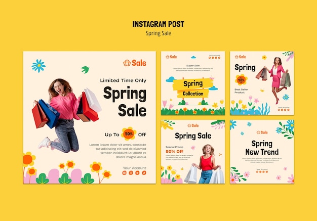 PSD gratuito conjunto de publicaciones de instagram de descuento de venta de primavera