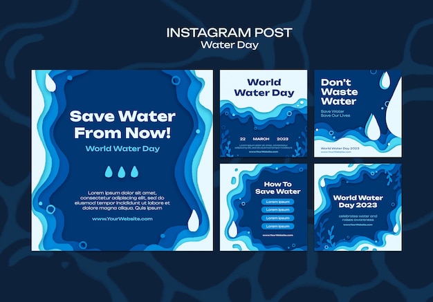 Conjunto de publicaciones de instagram del día del agua dibujadas a mano