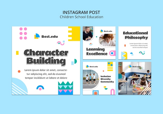 PSD gratuito conjunto de publicaciones de instagram de educación escolar para niños