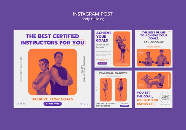 PSD gratuito conjunto de publicaciones de instagram de entrenamiento de musculación