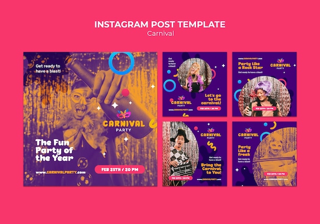 PSD gratuito conjunto de publicaciones de instagram de entretenimiento de carnaval