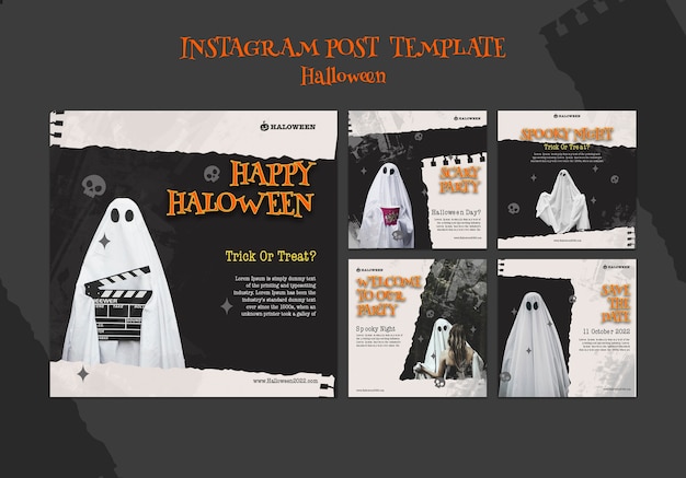 PSD gratuito conjunto de publicaciones de instagram de feliz halloween grungy