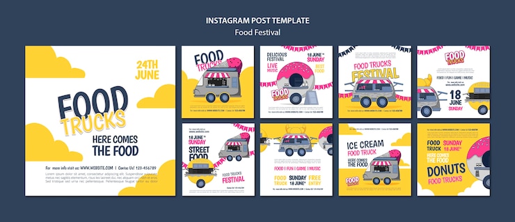 PSD gratuito conjunto de publicaciones de instagram de festival de comida de diseño plano