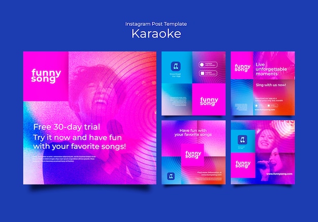 PSD gratuito conjunto de publicaciones de instagram de fiesta de karaoke degradado