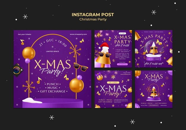 Conjunto de publicaciones de instagram de fiesta de navidad