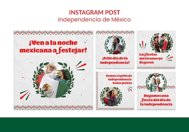 PSD gratuito conjunto de publicaciones de instagram de la independencia mexicana