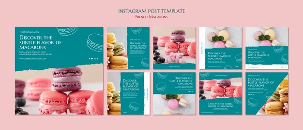 Conjunto de publicaciones de instagram de macarons franceses dibujados a mano