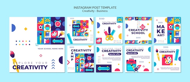 Conjunto de publicaciones de instagram de negocios de creatividad geométrica