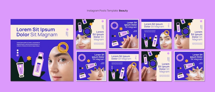 PSD gratuito conjunto de publicaciones de instagram de productos de belleza de diseño plano