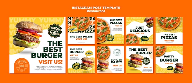 PSD gratuito conjunto de publicaciones de instagram de restaurante de comida deliciosa