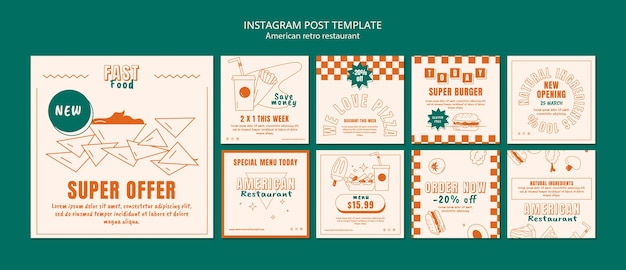 PSD gratuito conjunto de publicaciones de instagram de restaurante retro americano