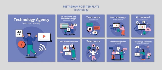 Conjunto de publicaciones de instagram de soluciones tecnológicas de diseño plano