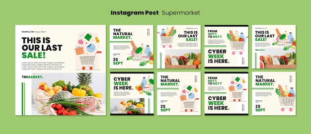 PSD gratuito conjunto de publicaciones de instagram de supermercado de diseño plano