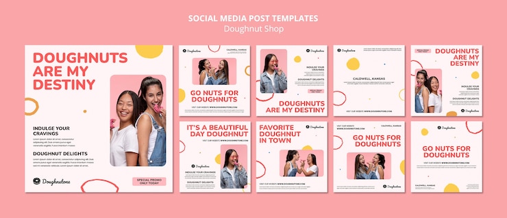 PSD gratuito conjunto de publicaciones de instagram de tienda de donuts de diseño plano