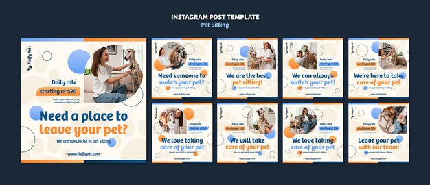 Conjunto de publicaciones de instagram de trabajo de cuidado de mascotas