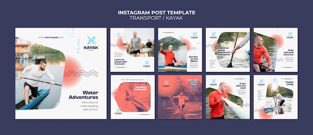 PSD gratuito conjunto de publicaciones de instagram de transporte en kayak