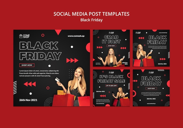 PSD gratuito conjunto de publicaciones de redes sociales de dark black friday