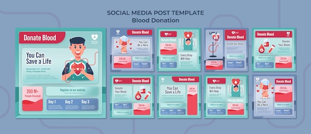 Conjunto de publicaciones de redes sociales de donación de sangre.