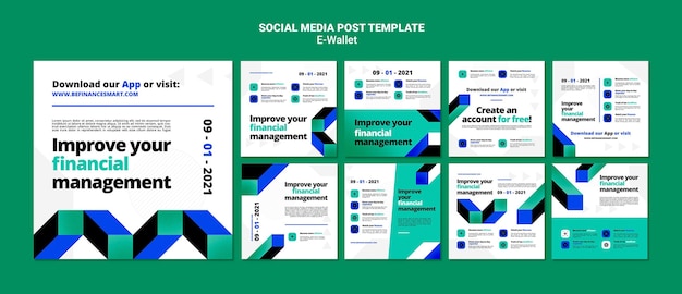 Conjunto de publicaciones de redes sociales modernas de billetera electrónica