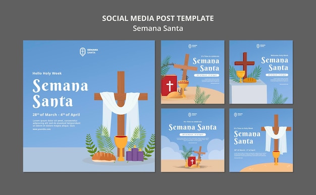 Conjunto de publicaciones de redes sociales de semana santa