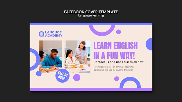 Copertina di Facebook per l'apprendimento delle lingue dal design piatto