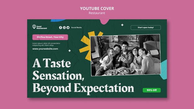 Copertina di youtube del ristorante di cibo gustoso dal design piatto