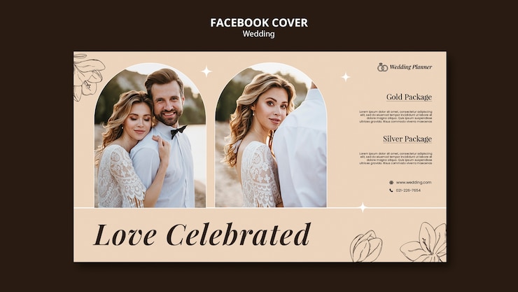 PSD gratuito copertina facebook per la celebrazione del matrimonio disegnata a mano