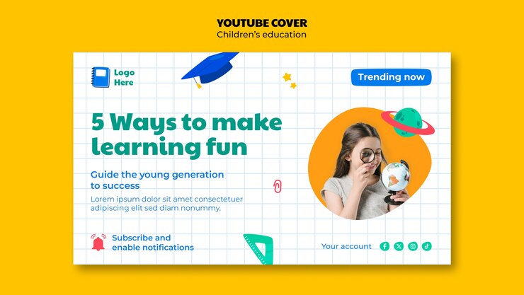 PSD gratuito copertina flat design per l'istruzione dei bambini su youtube